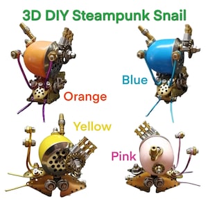 May include: Four colorful 3D DIY Steampunk snails. Each snail features a different colored shell: orange, blue, yellow, and pink. The snails are made of brass and metal components, with gears and tubes. Text on the image reads "3D DIY Steampunk Snail".