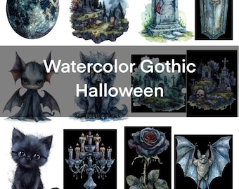 Watercolor Gothic Clipart Bundle: 12 Eerie Halloween Illustrations (Digital Download)