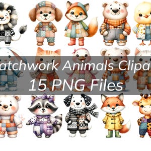 Fröhliche Cartoon Patchwork Tiere Clipart Bundle - Entzückende Tiere im PNG-Format für Kindergärten, Kunsthandwerk und Merchandise
