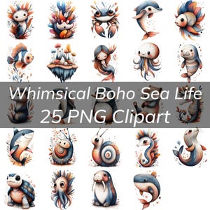 Whimsy Boho Sea Life Illustrationen - entzückende Charaktere mit viel Farbe und ruhigen Gesichtsausdrücken - Clipart Bundle
