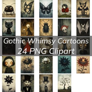 May include: A set of 24 digital clipart images featuring whimsical gothic cartoon characters and objects. The images include a variety of creatures, flowers, and other designs in a dark and spooky style.