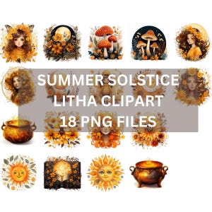 Watercolor Litha Clipart PNG Set Floral Pagan Art for Summer Solstice Wiccan Sun Goddess Illustrations