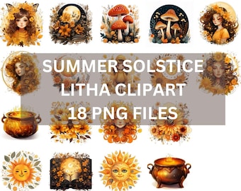 Watercolor Litha Clipart: Summer Solstice Pagan Art (PNG Set)