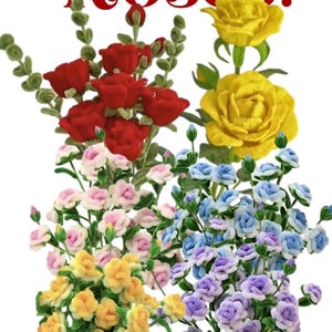 May include: A bouquet of artificial roses in various colors, including red, pink, yellow, blue, and purple. The roses are arranged in four separate vases, each with a white background. The text "Roses!" is written in red at the top of the image.