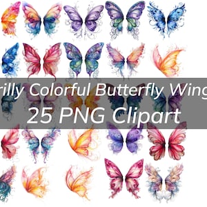 Lot de clipart ailes de papillon colorées à froufrous - dessins PNG aux couleurs vives avec des motifs complexes pour des projets artistiques et créatifs