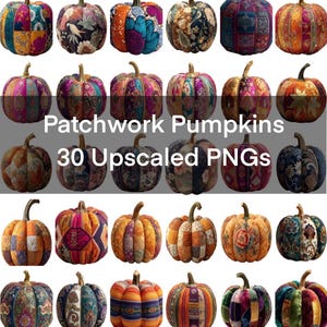 秋の装飾にぴったりな、鮮やかなパッチワークのカボチャのクリップアートセット - 世界中のユニークなファブリックデザイン