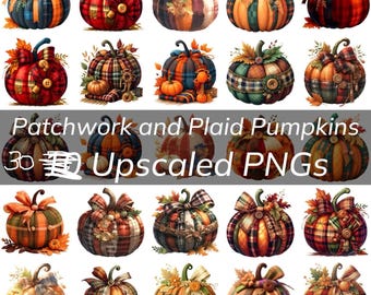 Puede incluir: Una colección de veinte calabazas decorativas con varios patrones de cuadros y patchwork en colores otoñales. Cada calabaza está adornada con lazos de tela, botones y hojas de otoño. El texto Patchwork and Plaid Pumpkins 30 Upscaled PNGs está superpuesto en el centro de la imagen.