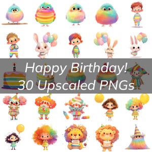 Happy Birthday Clipart Bundle - Vibrant Cartoon Illustrations of Celebrations, Whimsical Animals, and Joyful Characters in PNG Format