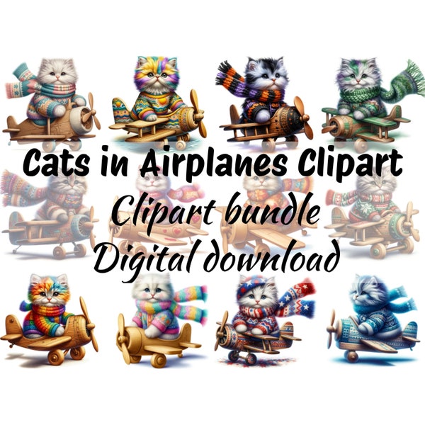 Whimsical Seasonal Kitten Clipart Bundle High Definition Digital AI Illustrations of Adorable Fluffy Kittens in Toy Airplanes