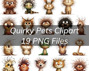 May include: A set of 19 quirky pet clipart images in PNG format. The images feature a variety of animals, including cats, dogs, birds, and reptiles, all with unique and expressive personalities. The images are perfect for adding a touch of whimsy to any project.