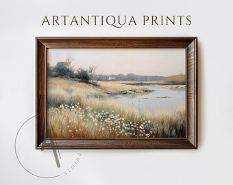 野生の花畑の草川の印刷可能な油絵、湖畔のアート、春の風景、コテージコアの壁アートのデジタルダウンロード、田舎の風景