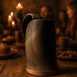 Könnte beinhalten: Ein dunkelgrauer, hornförmiger Becher mit Holzsockel und Griff. Der Becher steht auf einem Holztisch, mit einem verschwommenen Hintergrund von Menschen und Kerzen. Der Becher hat eine rustikale, mittelalterliche Ästhetik.