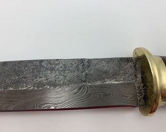 Forged short sax made of Damascus steel with leather sheath