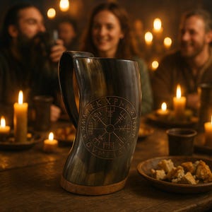 Könnte beinhalten: Ein großer, hornförmiger Trinkbecher mit Holzsockel. Der Becher ist dunkel mit einem geschnitzten kreisförmigen Design. Der Hintergrund zeigt ein Abendessen bei Kerzenschein mit Personen.