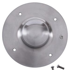 Può includere: Un umbone di scudo metallico circolare color argento con una cupola centrale arrotondata e quattro fori distanziati. L'immagine include quattro rivetti. L'umbone ha una superficie leggermente strutturata e un piccolo simbolo è stampato sul lato.