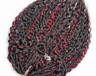 Mix of Dark Brown and Burgundy Curly Dreads DE SE, Wavy Synthetic Hair Extensions, Cosplay Crochet Dreads, Festival Mixed Set with Braids