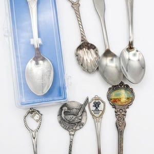 May include: A collection of seven silver-toned metal souvenir spoons featuring various decorative handles and bowls. One spoon is enclosed in a clear plastic case labelled "collectors spoon". The spoons display diverse emblems, including a bear, a cactus, and a film camera, with intricate engravings and colourful enamel accents on the handles.