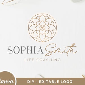 May include: A gold and white logo design for "Sophia Smith Life Coaching." The logo features a floral design within a circle, with the name in a serif font and a script font. The words "Life Coaching" are below the name. A Canva logo is in the bottom left corner.