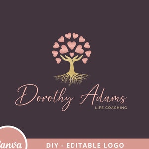 Tree of Hearts DIY Logo Design, Wellness Canva Logo Template, Tree Hands Healing Logo, Yoga, Psychology, Life Coaching Logo, Hand Care Logo.