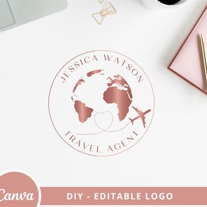 May include: Rose gold logo design for a travel agent named Jessica Watson. The logo features a globe with a heart and a plane flying over it. The text "Travel Agent" is written around the globe.