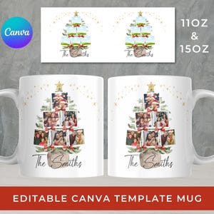 Könnte beinhalten: Weiße Keramik-Tasse mit einem Weihnachtsbaum-Design aus Familienfotos und dem Text "The Smiths". Die Tasse ist mit goldenen Sternen und einem Stern verziert. Der Text "EDITABLE CANVA TEMPLATE MUG" befindet sich unten.