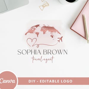 May include: A rose gold logo design featuring a world map with a heart and airplane. The text "Sophia Brown Travel Agent" is below the map.