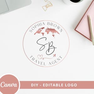 May include: A rose gold circle logo with a world map, the initials "SB", and the text "Sophia Brown Travel Agent".