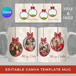 Op de afbeelding: Witte keramische mok met een kerstornamentontwerp met familiefoto's, rode strikken en de tekst "Merry Christmas". Het ontwerp bevat sneeuwvlokpatronen. Verkrijgbaar in 325 ml en 444 ml maten. De tekst "EDITABLE CANVA TEMPLATE MUG" is ook zichtbaar.