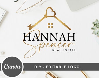 Herzschlüssel-Logo-Design für Haus, bearbeitbare Canva-Logo-Vorlage, DIY-Immobilienmakler-Logo, vorgefertigtes Branding für Makler, sofortiger Zugriff