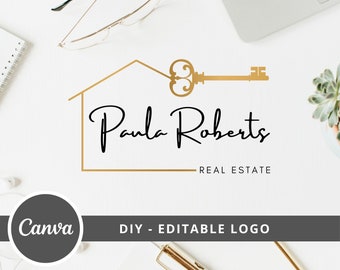 Real Estate Logo Editable Design,  Broker Canva Logo Template, DIY Realtor Key and House Logo, Real Estate Agent Branding, Instant Access,