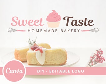 May include: A pink and brown logo for a bakery called "Sweet Taste Homemade Bakery". The logo features a pink cupcake with white frosting and a pink swirl on top. The logo is surrounded by two pink and white whisks.
