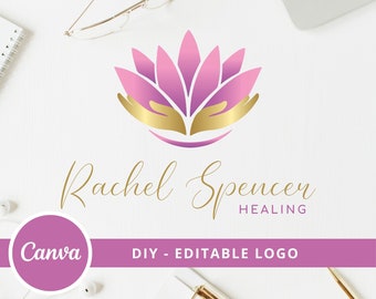 Lotus Flower DIY Logo Design, Wellness Canva Logo Template, Life Coaching, Yoga, Healing Therapy, Massage & Spa Logo, Lotus Hand Care Logo.