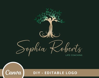 Tree of Life Editable Canva Logo, Tree Woman Logo Design Template, DIY Life Coaching Logo, Yoga Logo, Psychology Logo, Wellness Tree Logo.
