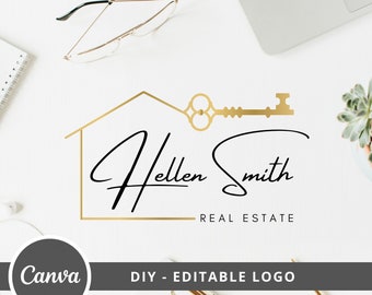 Real Estate Logo Design, Luxury House Editable Canva Logo Template, DIY Realtor Key Logo, Premade Real Estate Agent Branding, Instant Access