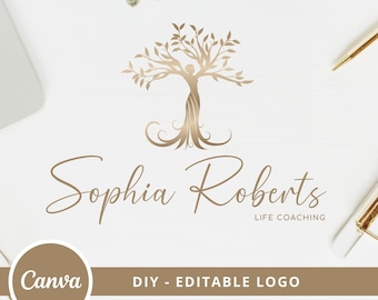 Tree of Life Woman Editable Canva Logo, Wellness Logo Design Template, DIY Life Coaching Logo, Yoga Logo, Psychology Logo, Wellbeing Logo.