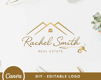 Real Estate Logo Design, Luxury House Canva Logo Template, DIY Realtor Key Logo, Signature Real Estate Logo, Realty Home Editable Logo.