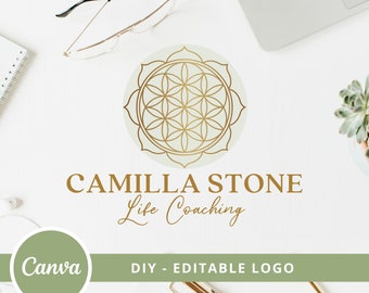 Flower Of Life Mandala Editable Logo, Instant Access, DIY Canva Template Logo, Life Coaching Logo, Sacred Geometry Logo, Wellness Logo.