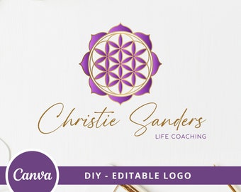 Flower Of Life Mandala Editable Logo, Instant Access, DIY Canva Template Logo, Life Coaching Logo, Sacred Geometry Logo, Wellness Logo.