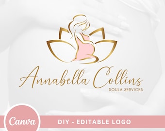 Modèle de logo sur toile modifiable Doula, création de logo préfabriqués pour sages-femmes, logo de fleur de lotus DIY, création de logo de yoga grossesse, logo de femme enceinte.