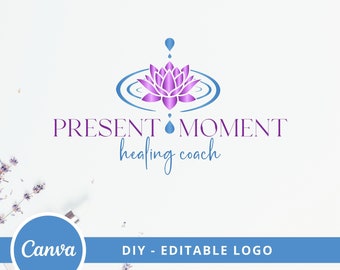 Present Moment Logo Editable Design, Mindfulness Lotus Canva Logo Template, Life Coaching Logo, Yoga Logo, Holistic Logo, Healing Logo.