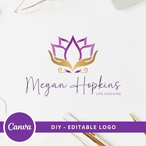 Hand Lotus DIY Logo Design, Lotus Flower Logo Canva Template, Life Coaching, Yoga, Healing Therapy, Massage & Spa Logo, Hands Care Logo.