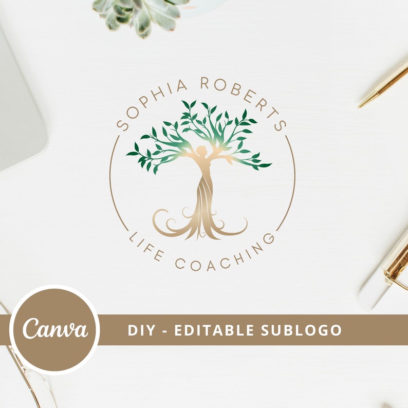 Tree of Life Editable Canva Logo, Tree Woman Logo Design Template, DIY Life Coaching Logo, Yoga Logo, Psychology Logo, Wellness Tree Logo. zdjęcie 3
