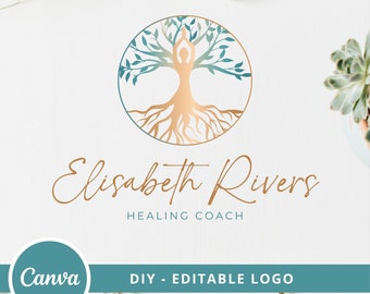 Woman Tree Editable Logo, DIY Wellness Canva Logo Template, Life Coach, Yoga, Psychology, Healing Logo,  Human Tree Logo, Tree of Life Logo.