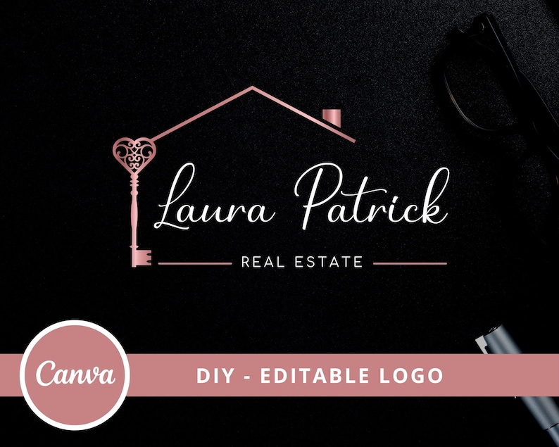 Real Estate Heart Key Logo Design, House Editable Canva Logo Template, DIY Realtor Logo, Premade Real Estate Agent Branding, Instant Access image 1