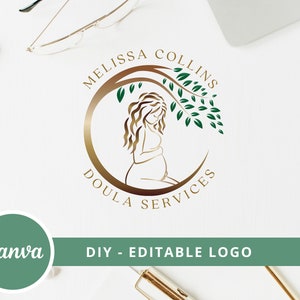 Doula Editable Canva Logo Template, Midwifery Premade Logo Design, DIY Tree of Life Logo, Pregnant Healthy Logo Design, Pregnant Woman Logo. image 1