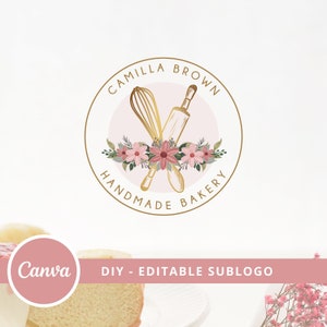 Bakery Logo Canva Template Design, Watercolor Floral Bakery Editable Logo, DIY Bakery Tools Logo, Dessert Maker Logo, Handmade Bakery Logo.
