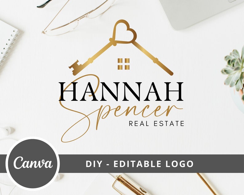 Real Estate Heart Key Logo Design, House Editable Canva Logo Template, DIY Realtor Logo, Premade Real Estate Agent Branding, Instant Access image 1