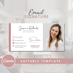 Può includere: Modello di firma e-mail con uno schema di colori rosa e bianco. Il modello presenta una foto di una donna, informazioni di contatto e un logo con un design di casa e chiave. Il testo "Firma e-mail" è in cima al modello, e il testo "Modello Canva modificabile" è in fondo.