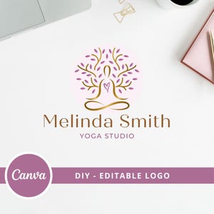 Könnte beinhalten: Ein goldenes Yoga-Baum-Logo mit lila Blättern und einem Herzen in der Mitte. Der Text "Melinda Smith Yoga Studio" befindet sich unter dem Logo.