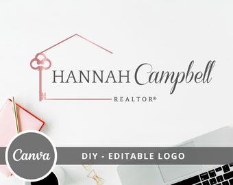 Design de logotipo para corretor de imóveis com chave, modelo editável no Canva (faça você mesmo)
